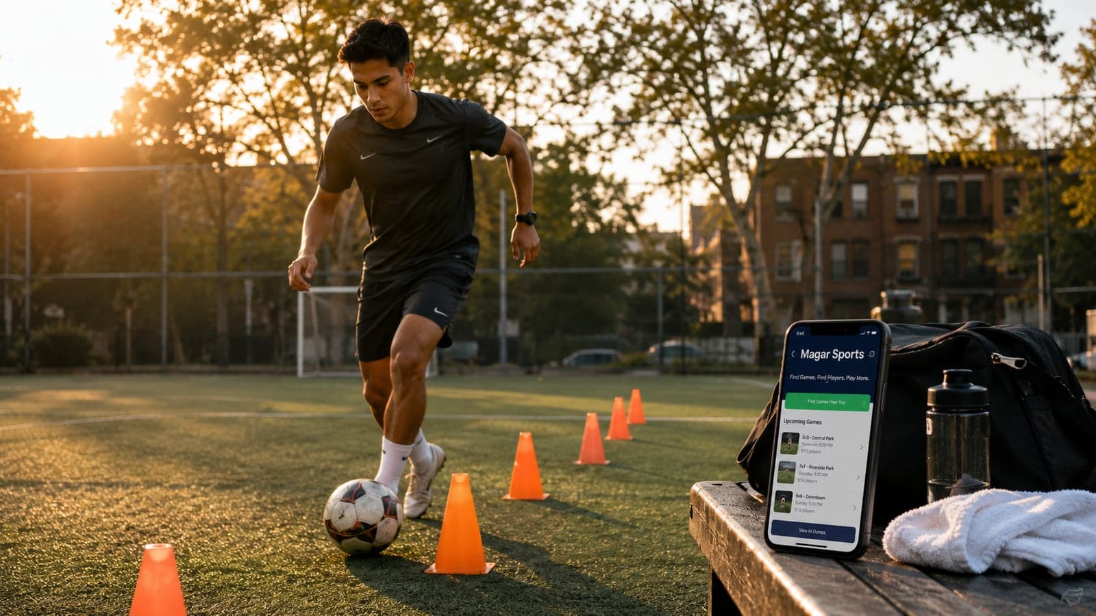 Football player practicing dribbling through cones during a 30-day training routine
